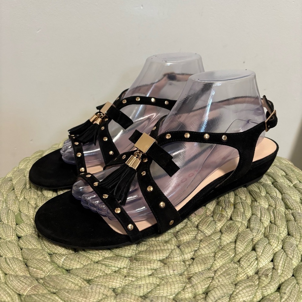 NEW Sacha London Zoe Black Suede Gold Studs Strappy Low Wedge Comfort Sandals